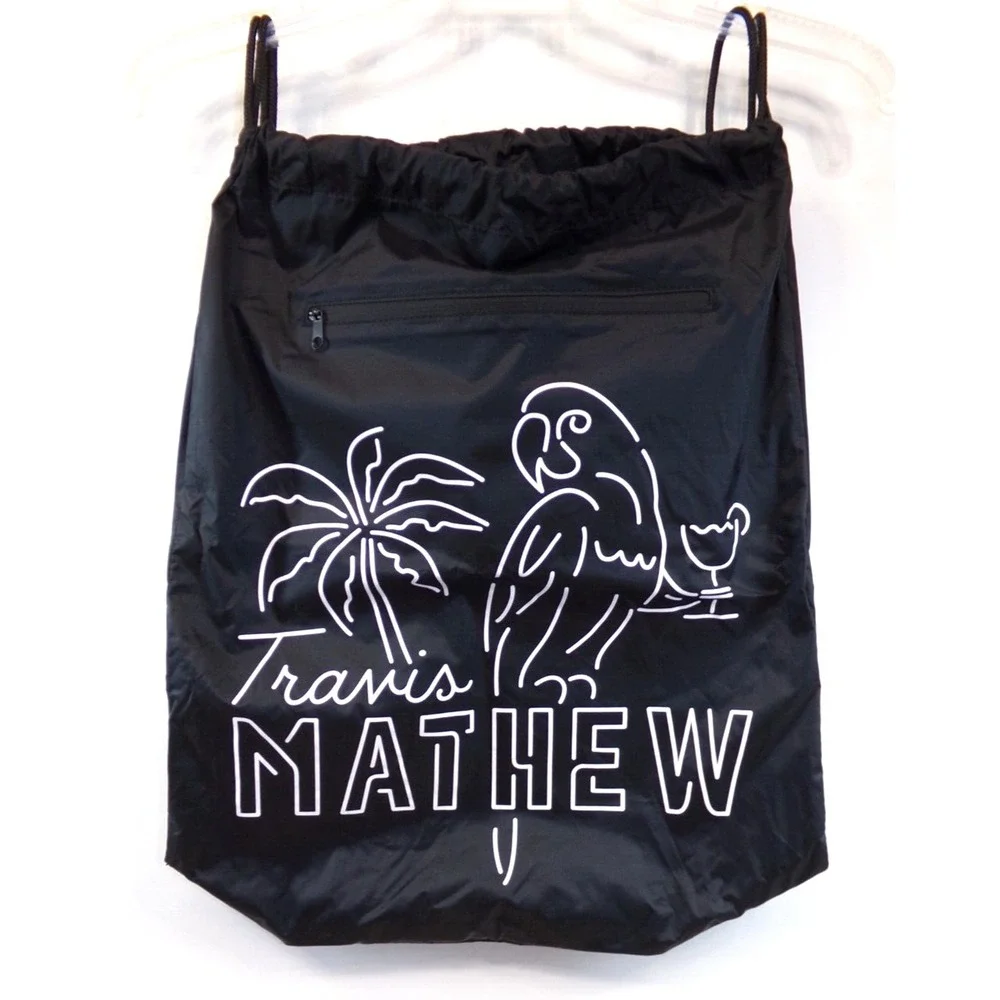 Travis Mathew Golf Nylon Drawstring Backpack‎ Black Parrot Zipper Pocket